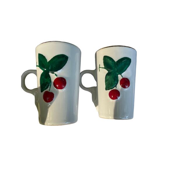 Pair of Ceramic Cherry Motif Pattern Small Cups with Handle Kitchy - Picture 1 of 6